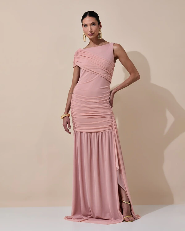 Vestido de Festa Longo Tule Faixa Detalhe Drapeado Rose