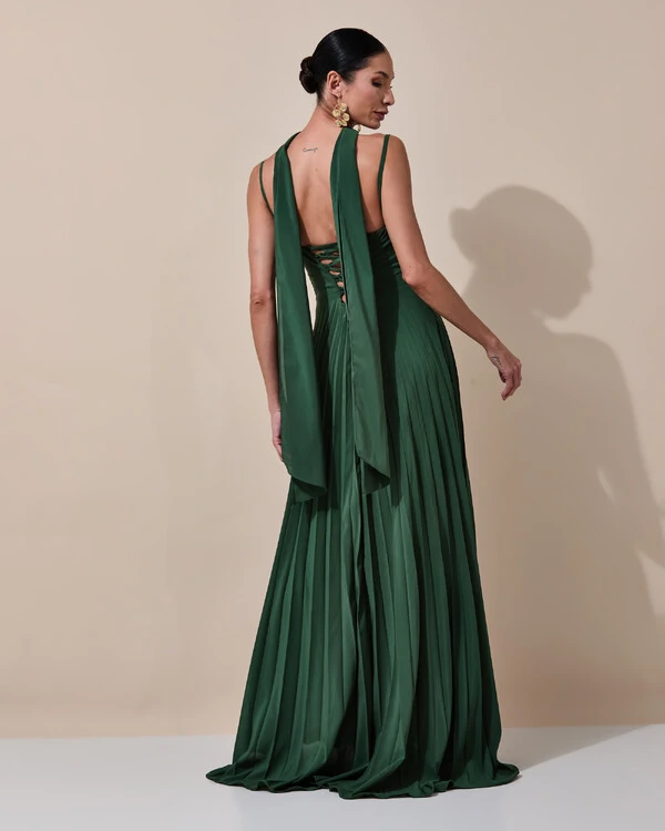 Vestido de Festa Longo Crepe Chiffon Plissado Trançado e Lenço Verde Escuro New