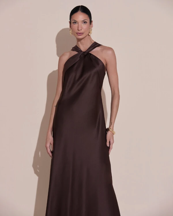Vestido de Festa Midi Frente Única Cetim Marrom