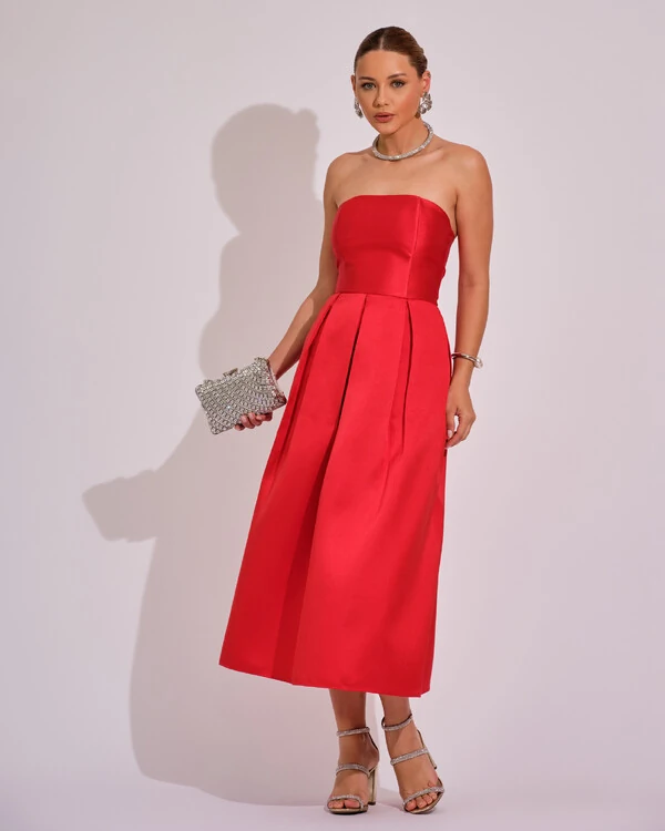 Vestido Midi Tomara que Caia Zibeline Com Pregas Vermelho