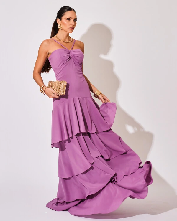 Vestido Longo Crepe com Babado em Camadas Fúcsia