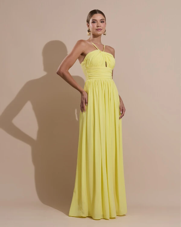 Vestido de Festa Longo Crepe Chiffon Drapeado com Alças Finas Amarelo Manteiga