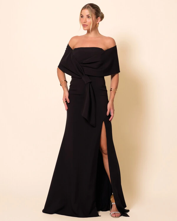 Vestido de Festa Longo Alfaiataria Ombro a Ombro Laço e Fenda Preto