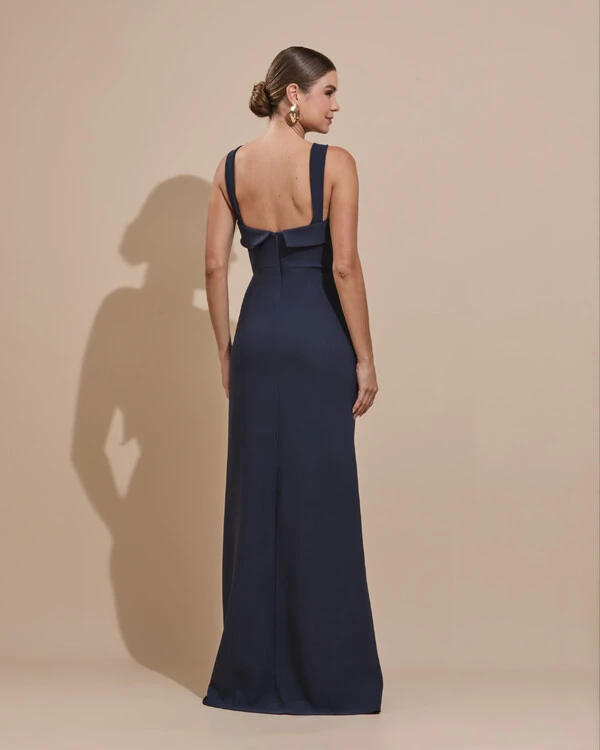 Vestido de Festa Longo Alfaiataria Decote Coração com Alças e Fenda Azul Marinho Escuro