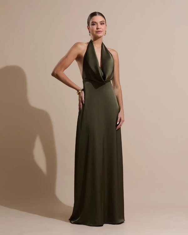 Vestido de Festa Longo Frente Única Degagê Cetim Fluido Verde Oliva