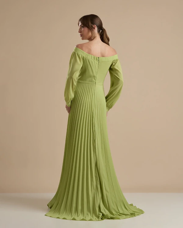 Vestido de Festa Longo Crepe Chiffon Plissado Ombro a Ombro Verde Pistache