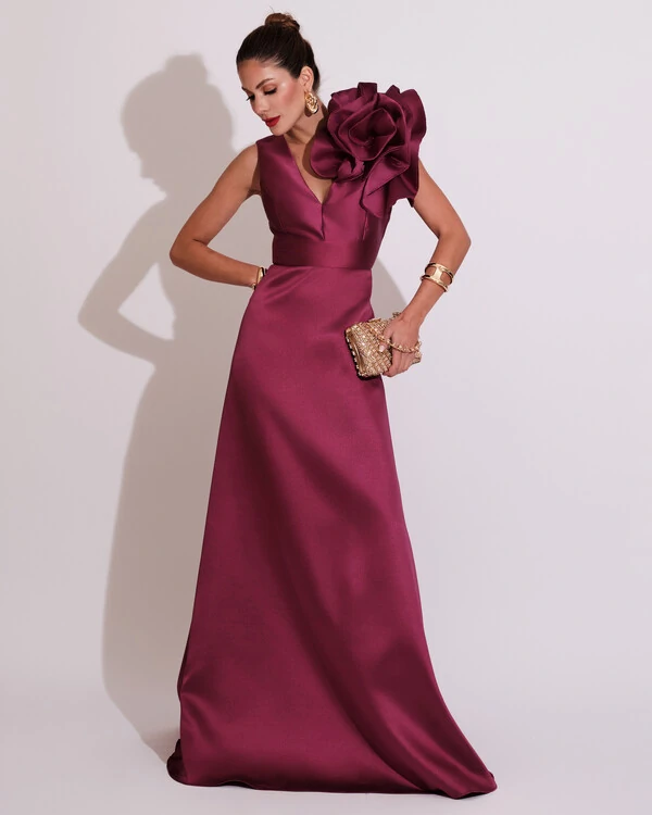 Vestido de Festa longo Zibeline Flor Fúcsia