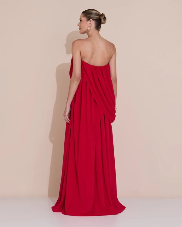 Vestido de Festa Longo Tomara Que Caia Crepe Chiffon Drapeado Vermelho
