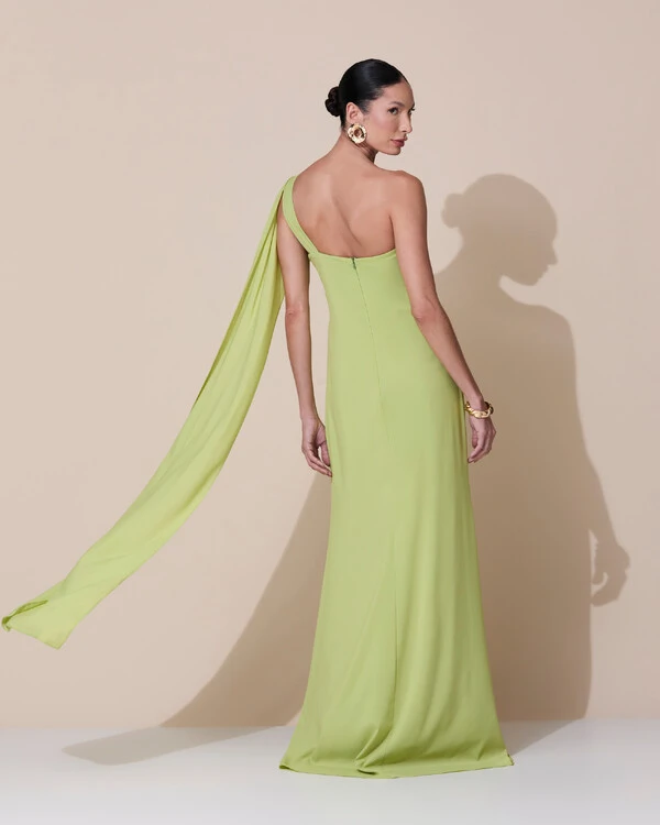 Vestido de Festa Longo Crepe Chiffon Um Ombro Só Drapeado Verde Claro
