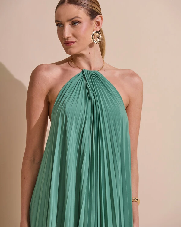 Vestido de Festa Longo Frente Única Plissado Crepe Chiffon Argola Verde Matcha Escuro