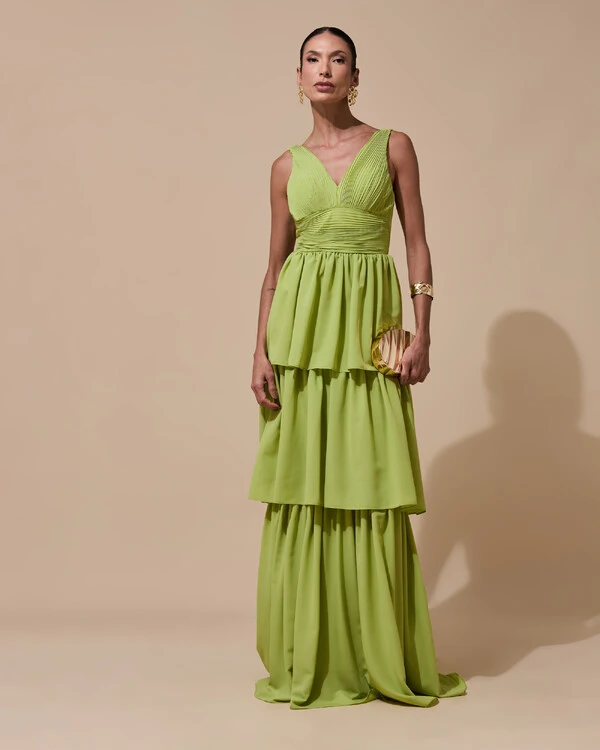 Vestido de Festa Longo Decote V Crepe Chiffon Plissado Camadas Babado Verde Garden