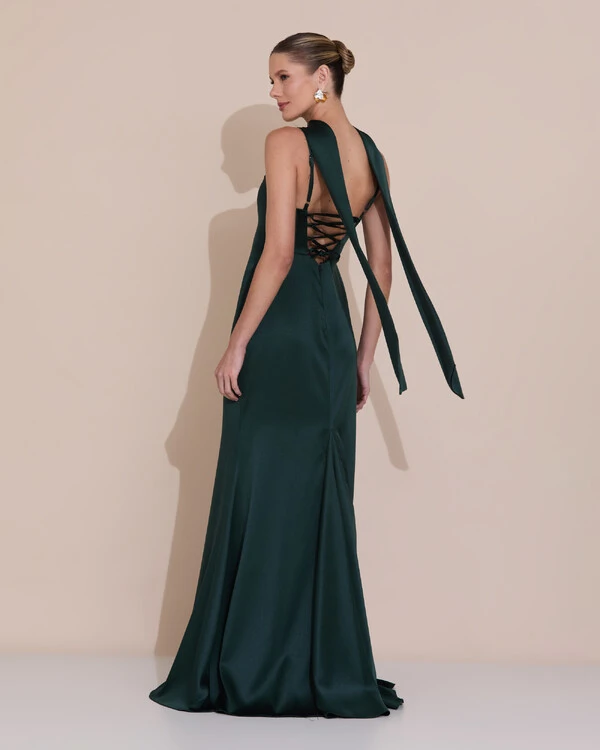 Vestido de Festa Longo Decote Coração Cetim Alfaiataria Trançado Costas Lenço Verde Escuro