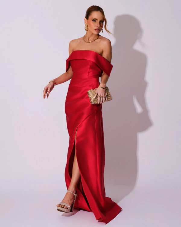 Vestido de Festa Longo Zibeline Ombro a Ombro Drapeado e Fenda Vermelho