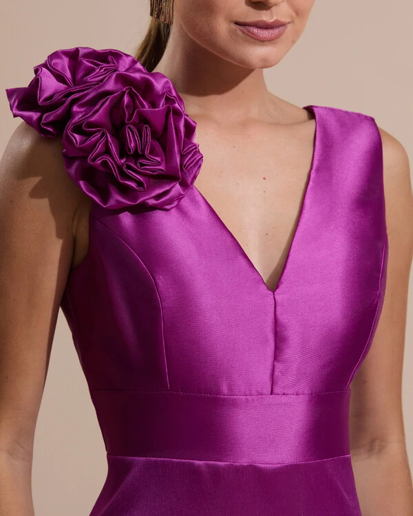 Vestido de Festa longo Zibeline Decote em V com Flores Removivel Fúcsia