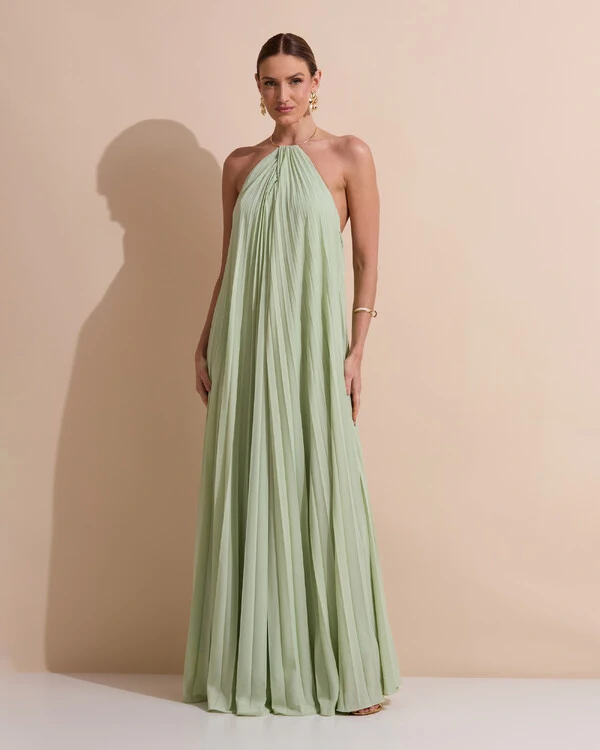 Vestido de Festa Longo Frente Única Plissado Crepe Chiffon Argola Verde Menta New