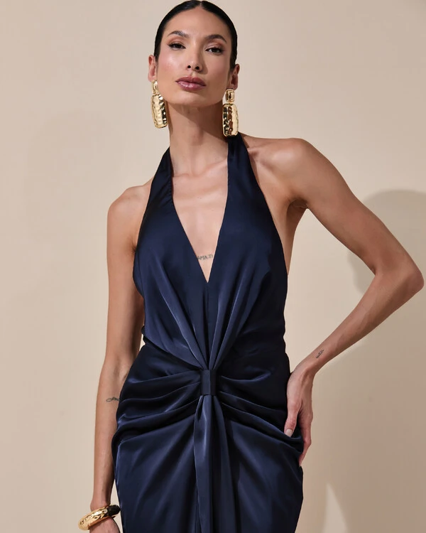 Vestido de Festa Longo Frente Única Decote V Cetim Drapeado Faixa Azul Marinho