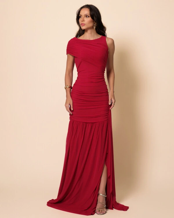 Vestido de Festa Longo Tule Faixa Detalhe Drapeado Cereja