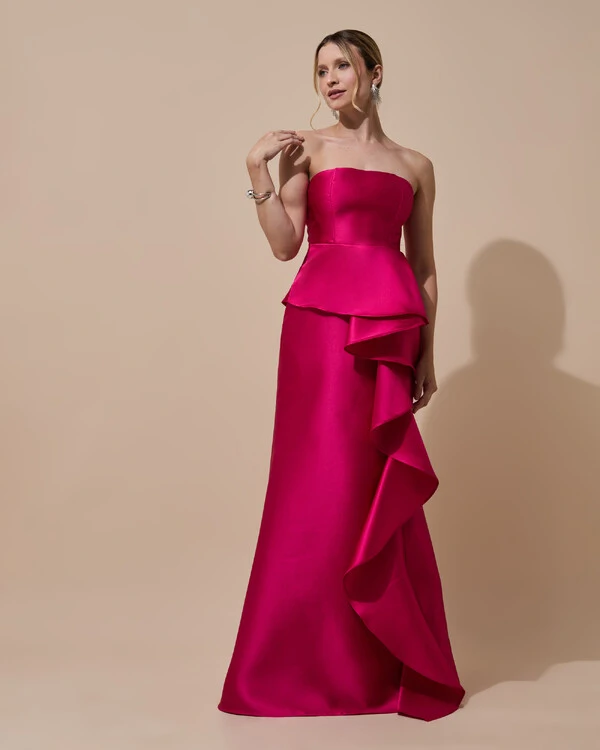 Vestido de Festa Longo Tomara que Caia Babado Cascata Pink New