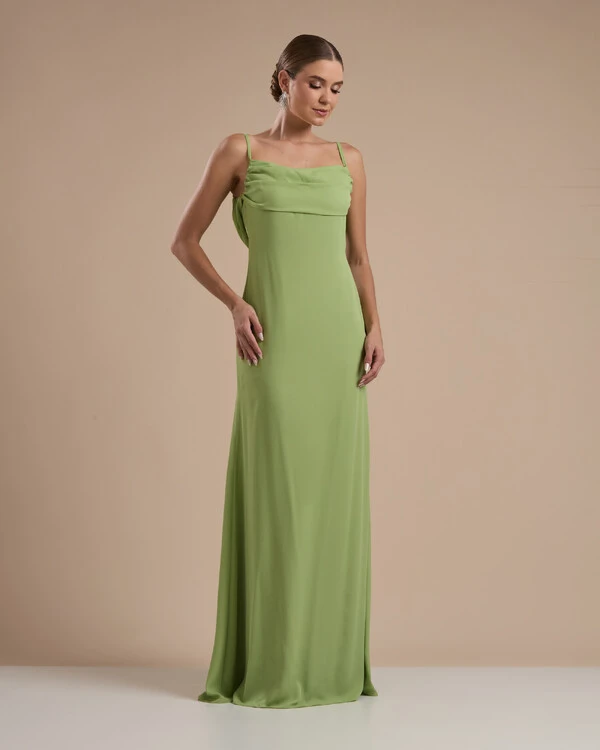 Vestido de Festa Longo Crepe Chiffon Costas Lenço Cauda Verde Garden