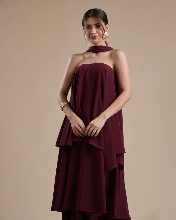 Vestido de Festa Longo Chiffon Crepe em Camadas com Lenço Marsala