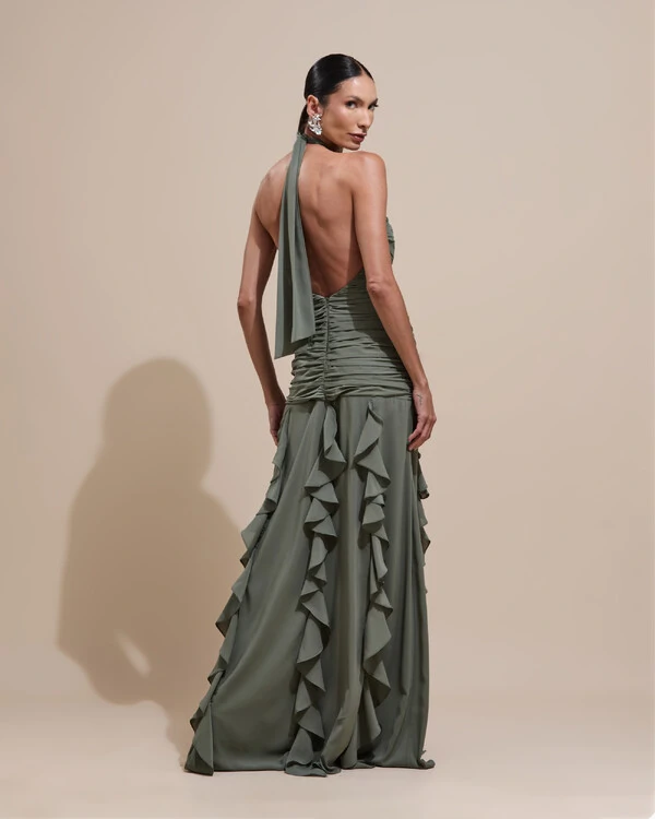 Vestido de Festa Longo Frente Única Crepe Chiffon Drapeado Babados Cascata Verde Oliva