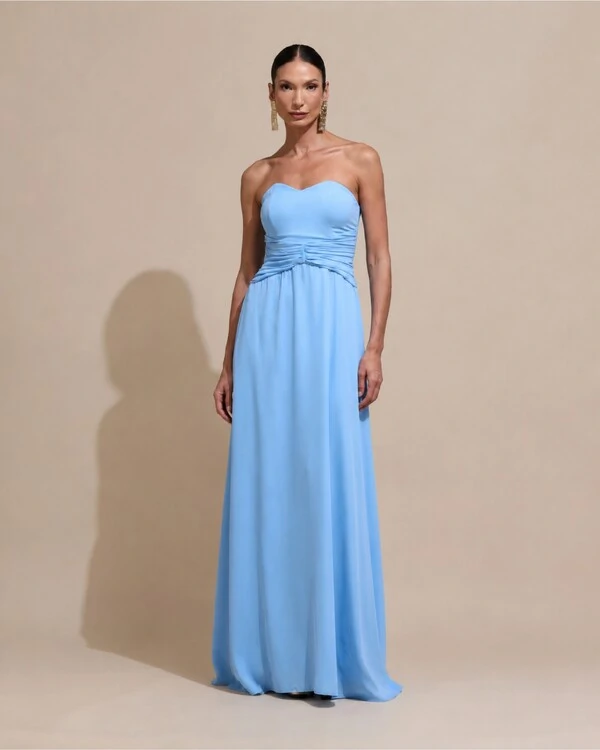 Vestido de Festa Longo Tomara Que Caia Crepe Chiffon Drapeado Capa Serenity