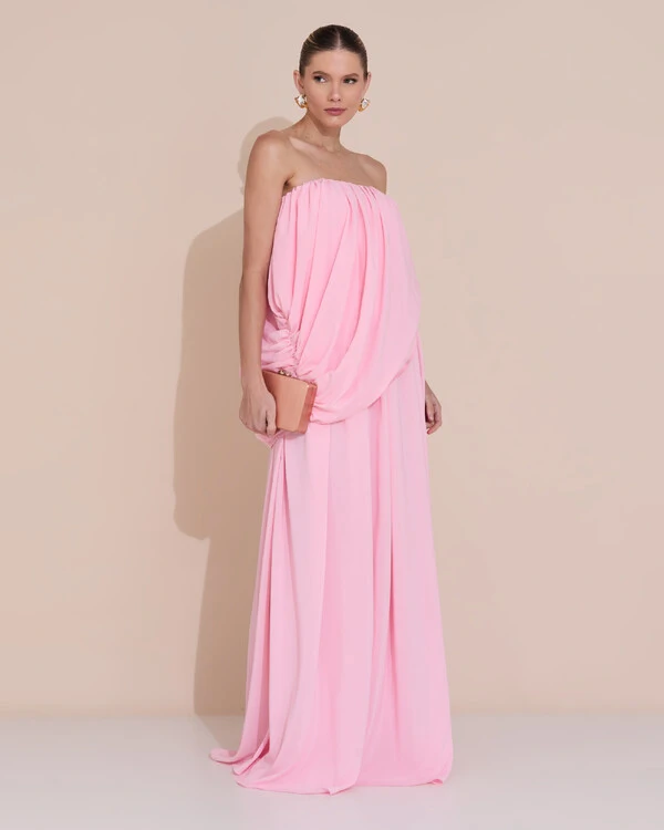 Vestido de Festa Longo Tomara Que Caia Crepe Chiffon Drapeado Rosa Claro