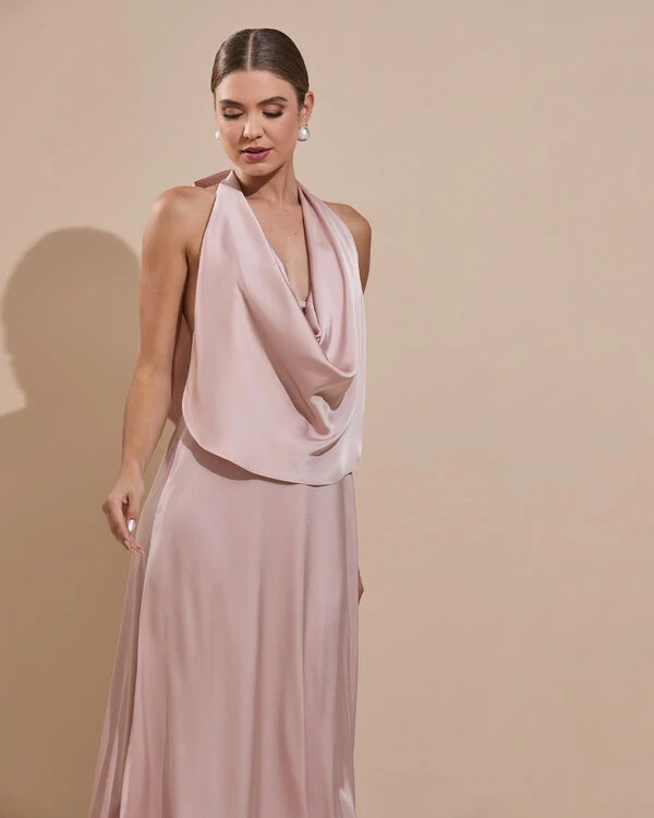 Vestido de Festa Longo Cetim Fluido Frente Única Degagê Mil Formas Rose Nude
