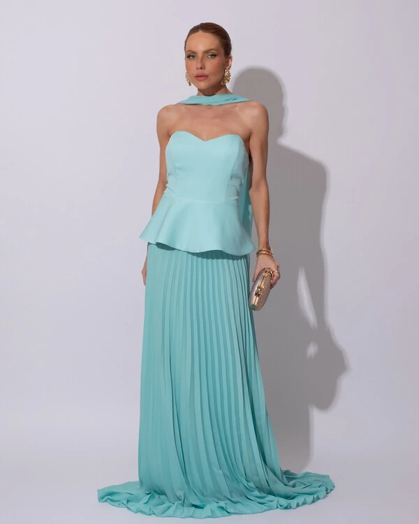 Vestido de Festa Longo Alfaiataria Tomara que Caia Saia Plissada e Lenço Tiffany