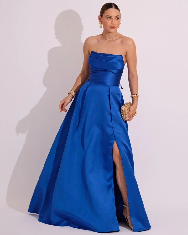 Vestido de Festa Longo Tomara que Caia Trançado Costa em Zibeline Azul Royal
