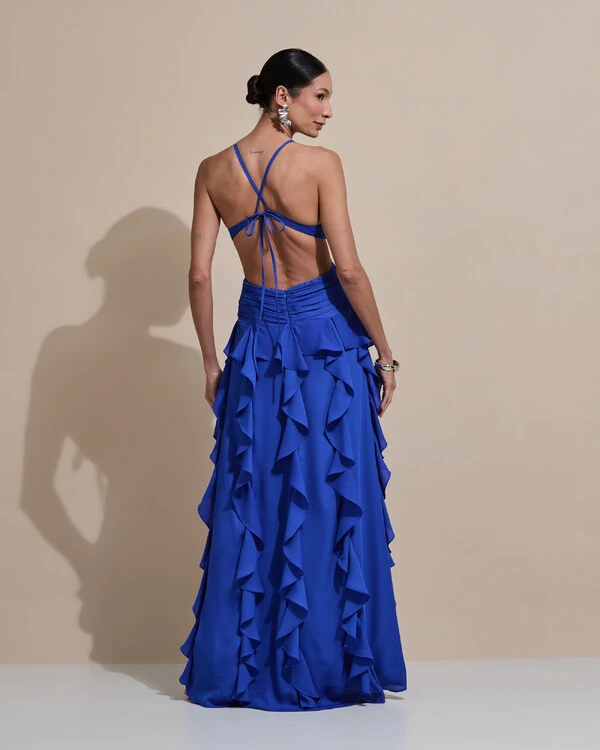 Vestido de Festa Longo Decote V Recortes Drapeado Crepe Chiffon Babados Cascata Azul Royal