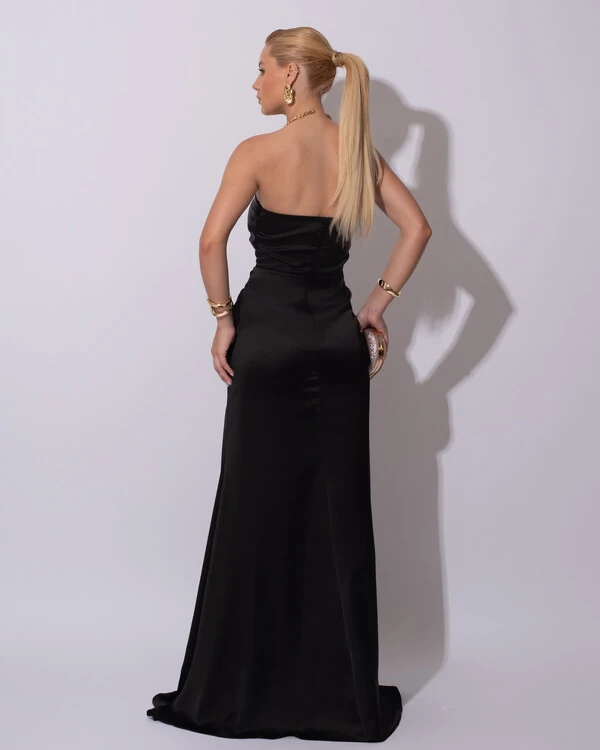 Vestido de Festa Longo Cetim Alfaiataria Tomara que Caia Fenda Preto