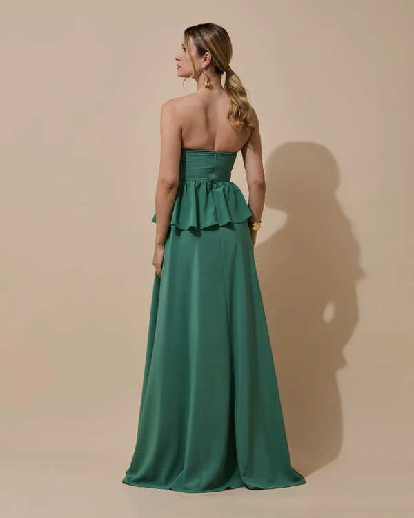 Vestido de Festa Longo Crepe Chiffon Tomara que Caia Peplum Drapeado Verde Matcha Escuro