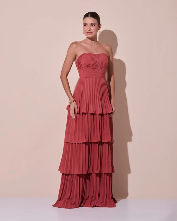 Vestido de Festa Longo Tomara que Caia Crepe Chiffon Plissado Camadas Terracota