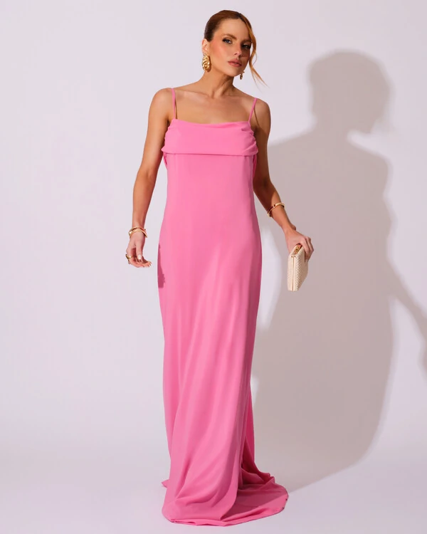 Vestido de Festa Longo Crepe Chiffon Costas Lenço Cauda Rosa