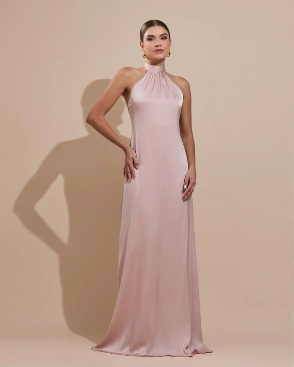 Vestido de Festa Gola Alta com Decote nas Costas Acetinado Rosa Nude