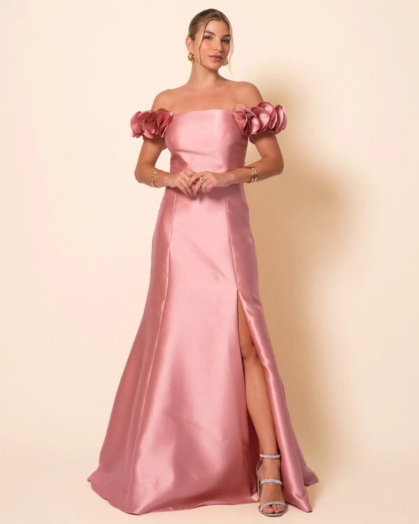 Vestido Longo de Festa Zibeline Ombro a Ombro com Flores e Fenda Rose
