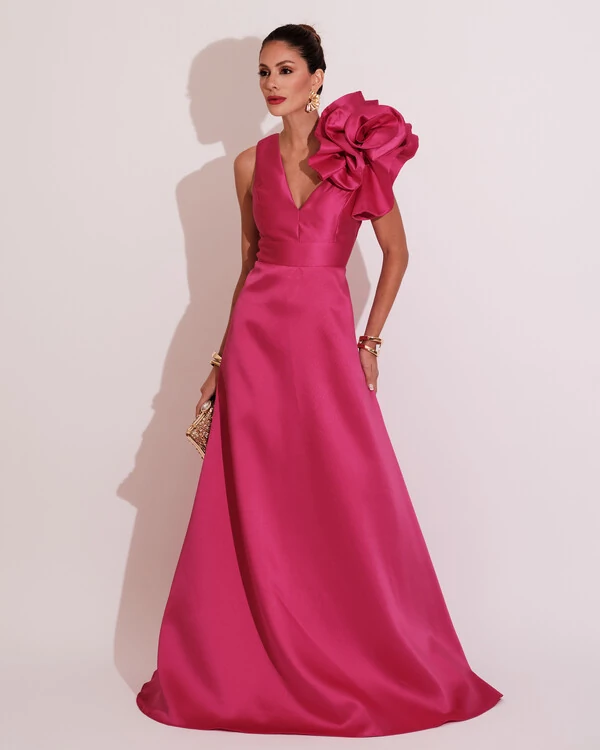 Vestido de Festa longo Zibeline Flor Pink