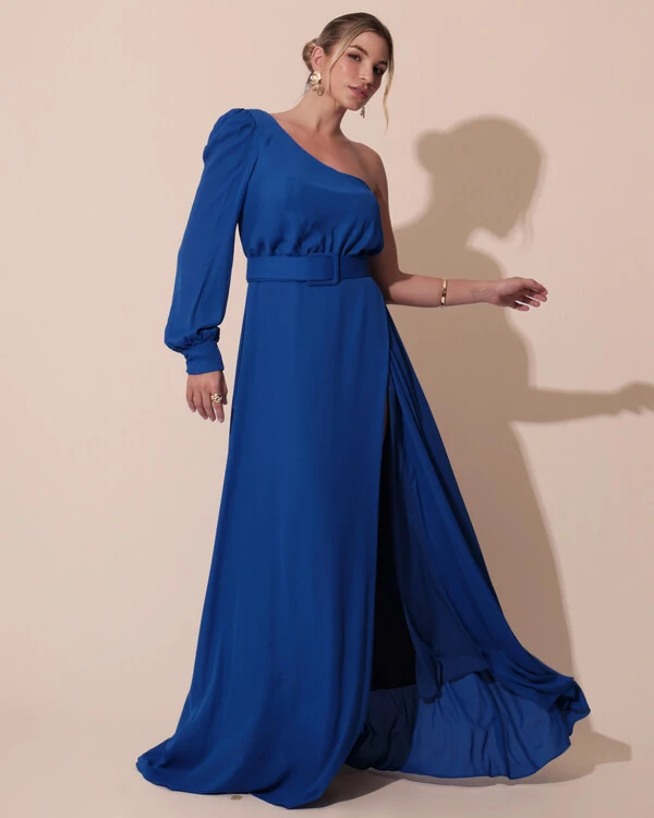 Vestido de Festa Longo um Ombro Só Manga Longa com Cinto Azul Royal