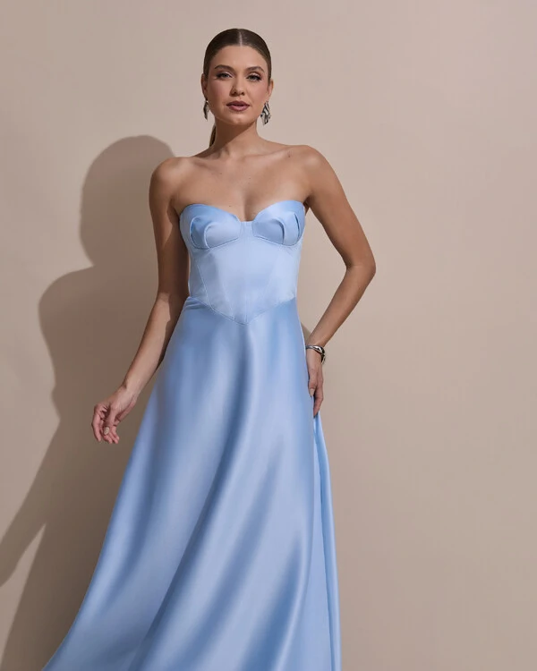 Vestido de Festa Longo Tomara que Caia Decote Coração Cetim Cruzado Costas Serenity
