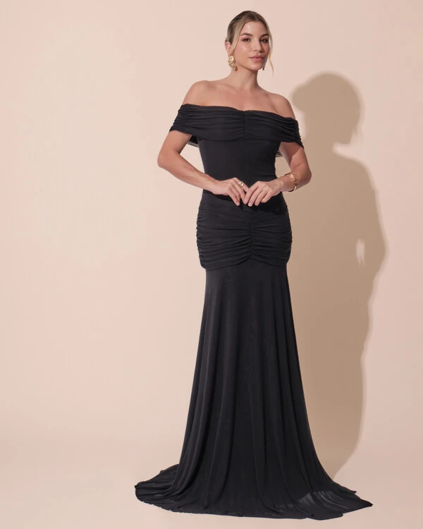 Vestido de Festa Longo Tule Ombro a Ombro Drapeado com Saia Fluida Preto