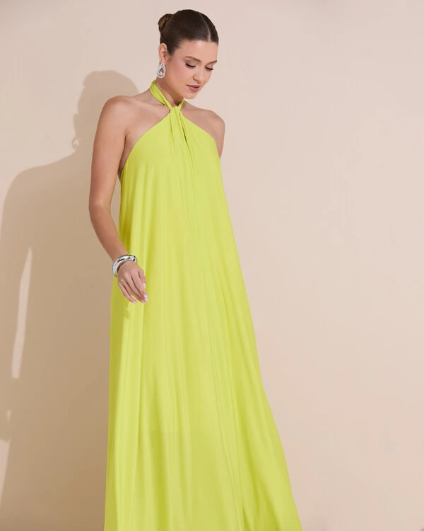 Vestido Longo com Amarração em Malha Verde Lima