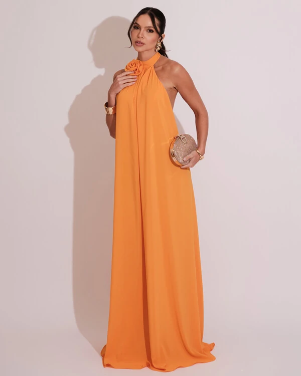 Vestido Longo Crepe Chiffon Frente Única Fluido Flor Removível Mango Sorbet