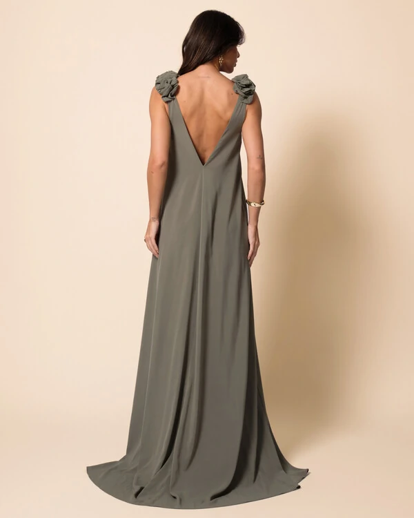 Vestido de Festa Longo Crepe Fluido Decote em V Flores Verde Oliva