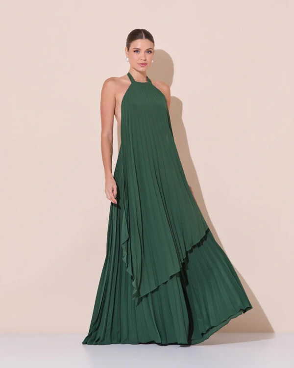 Vestidos de Festa Longo Chiffon Fluido Frente Única Plissado Duplo Verde Escuro New