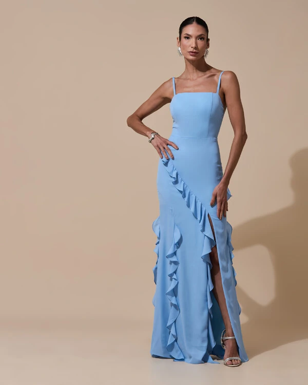 Vestido de Festa Longo Alças Finas Crepe Chiffon Babado Cascata Fenda Costas V Azul Serenity
