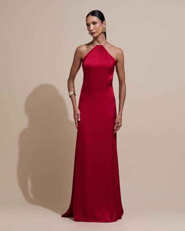 Vestido de Festa Longo Cetim Fluido com Argola Frente Única Marsala