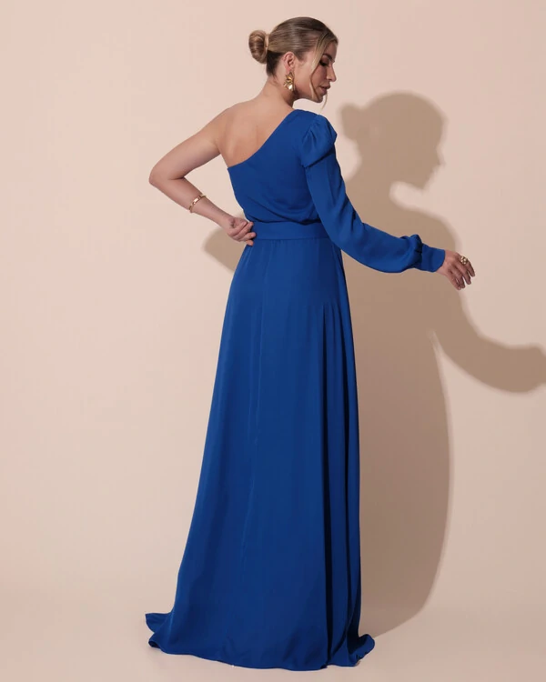 Vestido de Festa Longo um Ombro Só Manga Longa com Cinto Azul Royal