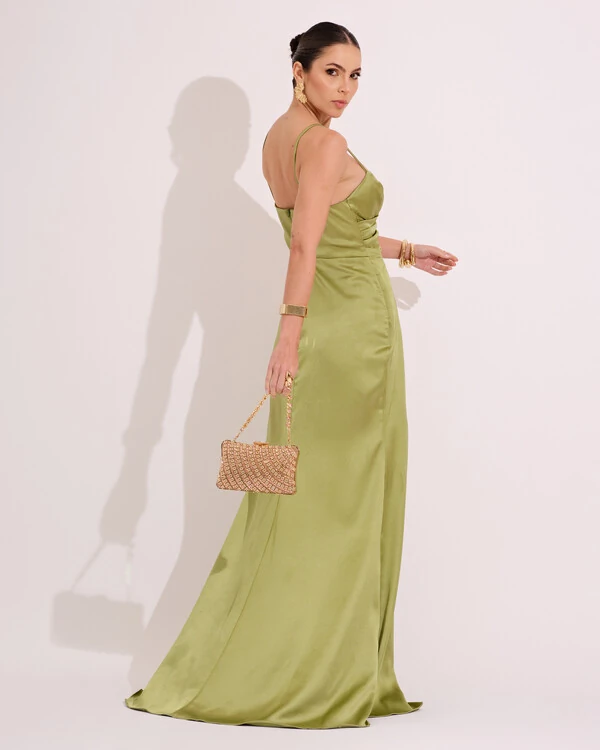 Vestido de Festa Longo Cetim Alfaiataria Fenda Drapeada Verde Lima