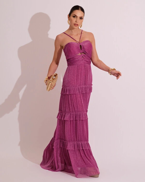 Vestido de Festa Longo Tule com Saia Babado Fúcsia